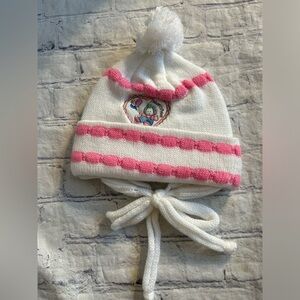 FISHER PRICE VINTAGE ACRYLIC WHITE AND PINK CHIN STRAPS POM BABY WINTER HAT